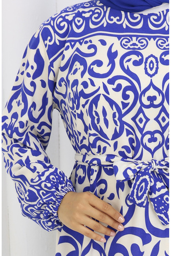 sefamerve Φόρεμα με μοτίβο ζωσμένο 2091-02 Λευκό Navy Blue