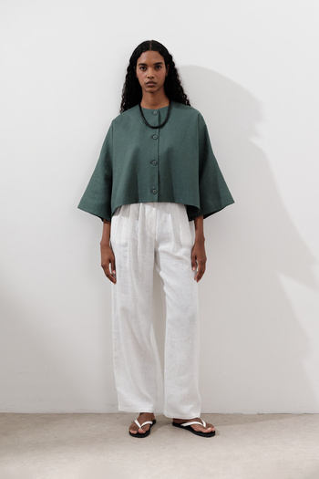 Manuka Linen Wide Sleeve Short Jacket Petrol Green