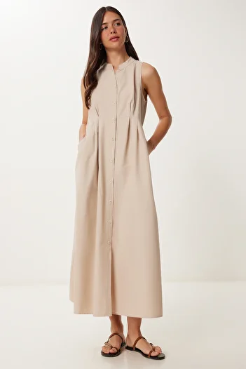 Lovelyİstanbul Rochie cămașă midi din poplin fără mâneci CREAM LMX0093
