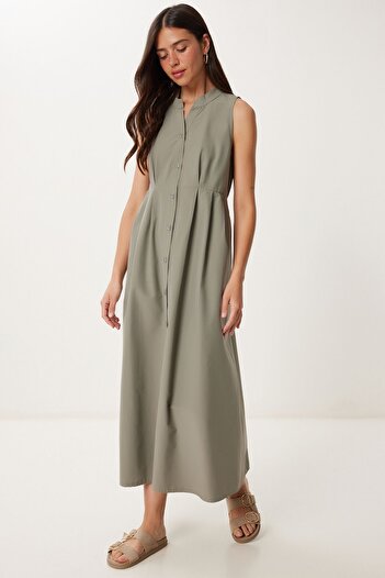 Lovelyİstanbul Rochie cămașă midi din poplin fără mâneci LIGHT GREEN LMX0093
