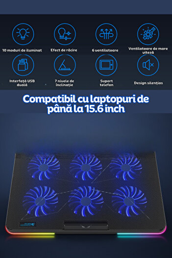 clickzu Laptop cooler with 7 adjustable angles, 6 fans, RGB, USB HUB, fits up to 15.6" laptops,