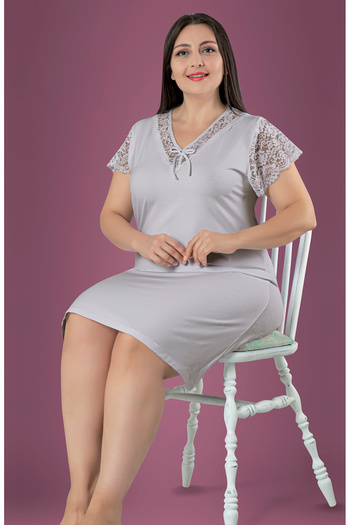 JENİKA Women's Short Sleeve Plus Size Lace Detailed Viscose Nightgown
