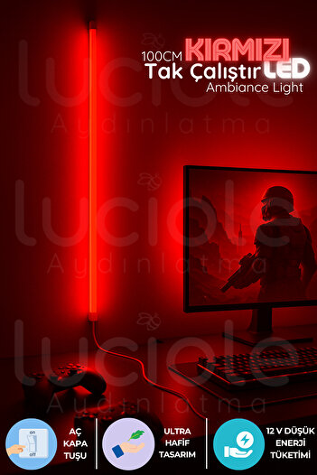 luciole Mood Light Serisi | 100 cm Kırmızı LED Bar – Aç Kapa Anahtarlı Tak Çalıştır Dekoratif Işık