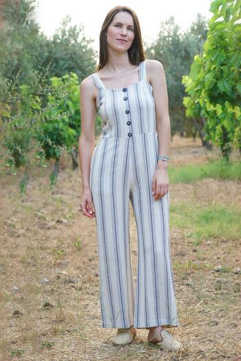 Defne&Apollon İpekçilik Hand-Woven Striped Jumpsuit Linen-Cotton - Natural