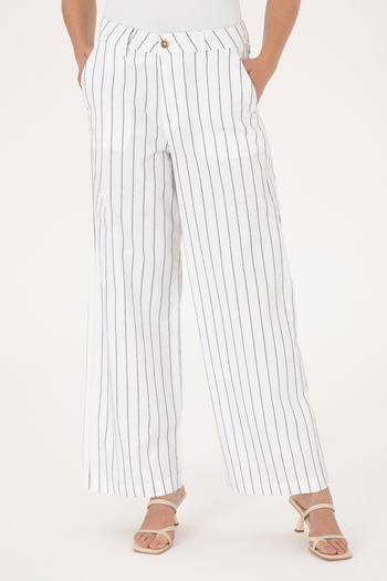 U.S. Polo Assn. Women's White Striped Loose Fit Canvas Trousers 50300265-Vr013