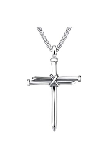 Tessero Lanț cu design cubic și pandantiv în formă de cruce, model cuie, oțel inoxidabil, culoare argintie