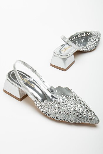Dilimler Ayakkabı Women's Short Heeled Evening Dress Shoes Silver Knitted Stone Pointed Mold