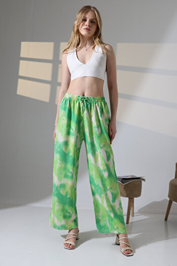 Buklemoda Viscose Wide Leg Green Patterned Trousers