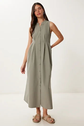 Lovelyİstanbul Rochie cămașă midi din poplin fără mâneci LIGHT GREEN LMX0093