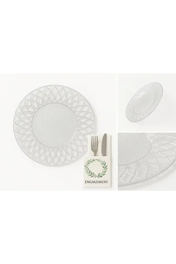 Özbey ArtDeco Set of 6 Crystal Patterned Transparent Supla Plates 33 cm - for Weddings & Engagements & Special Events Tables