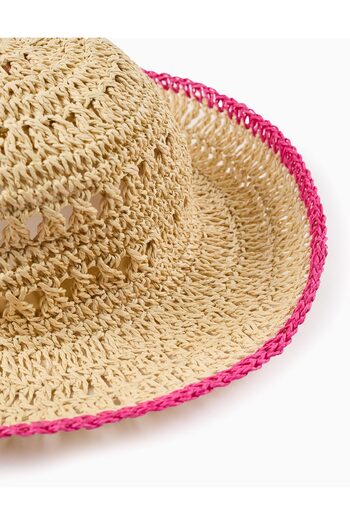 Ziddy Straw Hat with Trim for Girls, Beige/Pink