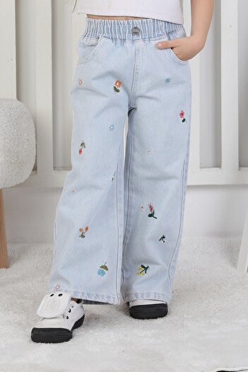 Minigimin Cicileri Little Girl's Jeans with Flower Embroidery Detail - Light Blue