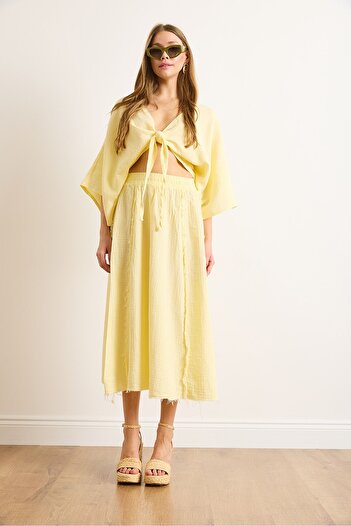 Olalook Women's Yellow Elastic Waist Dirty Stitching Muslin Skirt Etk-19000310