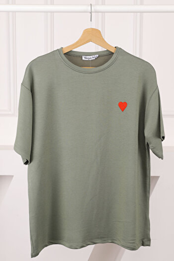 İmajButik Khaki Embroidered Short Sleeve Modal T-Shirt