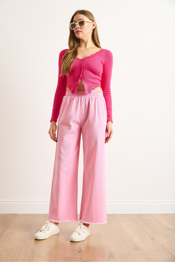 Olalook Women's Pink Elastic Waist Pocketed Leg Tassel Detailed Washable Gabardine Trousers Pnt-19000351