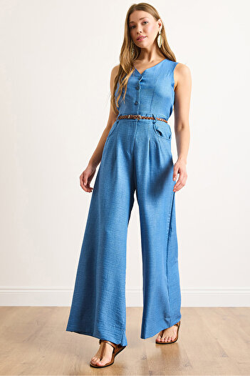 Olalook Women's Blue Buttoned Pocket Belted Wide Leg Jumpsuit Tlm-19000157