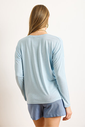 Olalook Women's Baby Blue Crew Neck Bat Flowing Viscose Blouse Blz-19002588