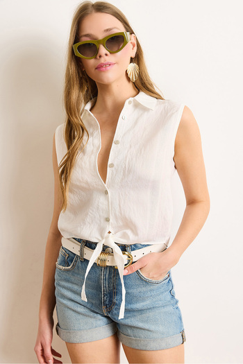 Olalook Women's White Six-Tie Transparent Striped Crop Shirt Gml-19001362