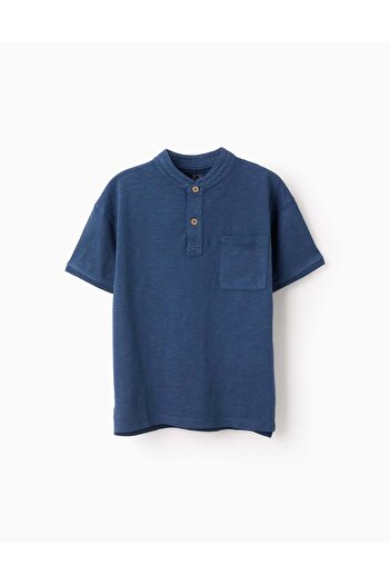 Ziddy Cotton T-shirt with Mao Collar for Boys, Blue