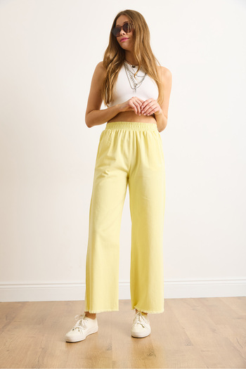 Olalook Women's Yellow Elastic Waist Pocketed Leg Tassel Detailed Washed Gabardine Trousers Pnt-19000351