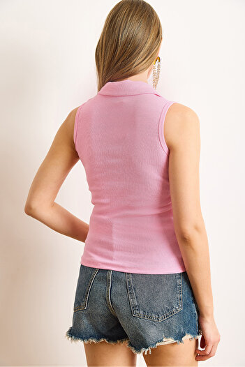Olalook Women's Candy Pink Polo Neck Button Stretchy Cotton Blouse Blz-19003039