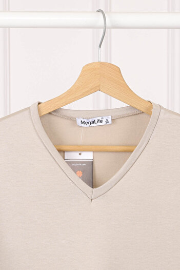 İmajButik Beige V-Neck Short Sleeve T-Shirt