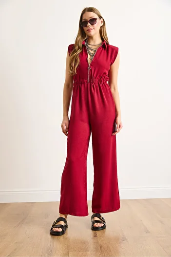 Olalook Women's Burgundy Zippered Elastic Waist Draped Jumpsuit Tlm-19000163