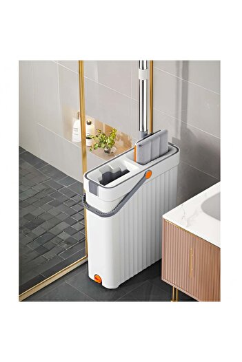 FOXMAG24 Mop and bucket set with dual tubs, telescopic handle, 2 mop cloths, metal and plastic, cream