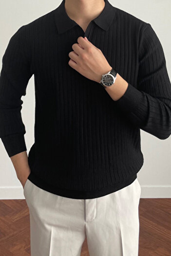 Tarz Cool Men's Black Slim Fit Long Sleeve Polo Neck Knitwear Sweater