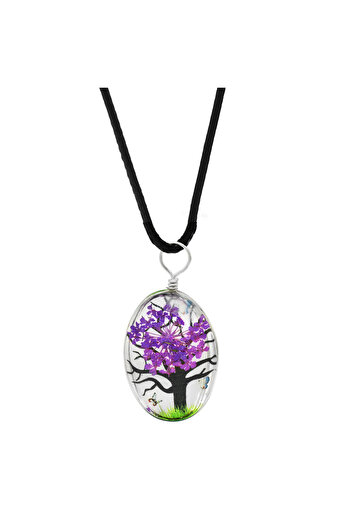 Tesbihane Ellipse Design Purple Floral Nature Themed Handmade Natural Resin Necklace