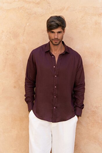 BOHEMAİ Agnola Oversize Men's Burgundy Linen Shirt