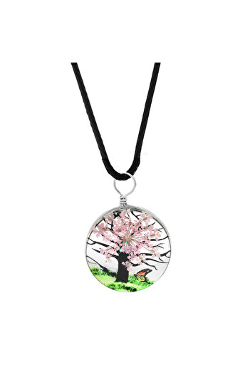 Tesbihane Oval Design Pink Floral Nature Themed Handmade Natural Resin Necklace