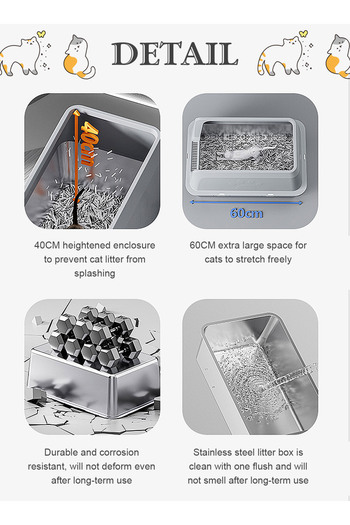 KidLe Stainless Steel Cat Litter Box with Litter Scoop Cat Toilet Cat Litter Tray High Wall Side