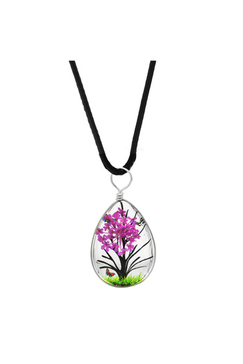 Tesbihane Drop Design Fuchsia Floral Nature Themed Handmade Natural Resin Necklace