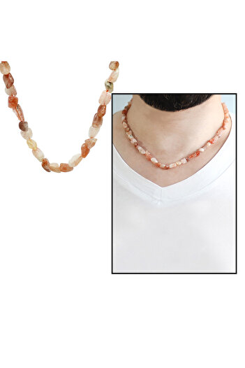 Tesbihane Silver Color Metal Chain Amorphous Sun Stone Natural Stone Men's Necklace