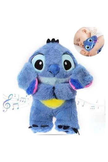 FOXMAG24 Jucărie de pluș, Stitch care respiră, cu melodii liniștitoare, dimensiune 25 cm, albastru