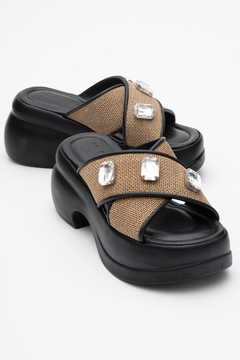 LuviShoes Giev Black Straw Stone Wedge Sole Women's Slippers