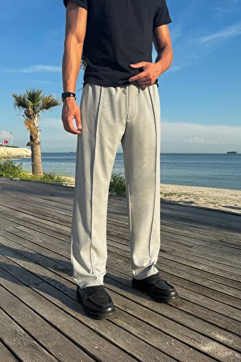 Flaw Wear Gray Waist Elastic Fabric Trousers with Front Stitching Detail