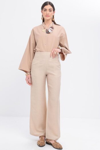 ALLDAY Beige-Broad Leg Linen Trousers