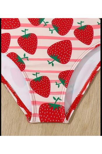 3b kids mayo bikini etek büstiyer takımı 3 lü set çilek desenli kırmızı renk mayo bikini plaj giyim