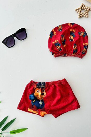Minigimin Cicileri My Little Pimples (2-8 Years) Character Patterned Boy's Swimsuit and Cap Set - Red