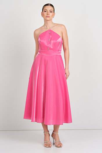 Saygın Women's Halter Neck Stone Detailed Midi Evening Dress 5598 Fuchsia