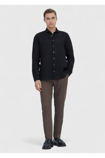 Ramsey Μαύρο Απλό Casual Fit Υφαντό Casual 100% Λινό Πουκάμισο