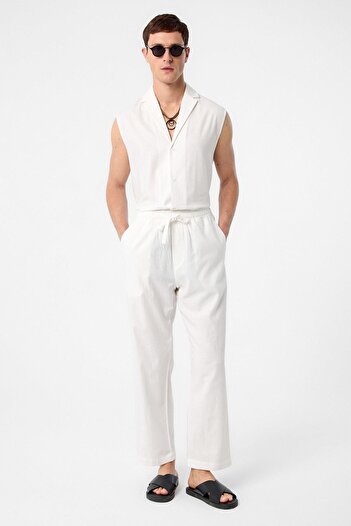 Antioch Ecru Linen Blended Jogger Men's Trousers
