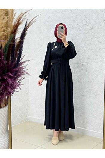 MİHRA STORE Orelesia Φόρεμα με Ελαστική Μέση και Μανίκια Bronch Twil-EK1144 Μαύρο
