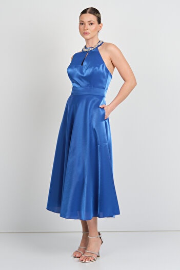 Saygın Women's Halter Neck Satin Midi Evening Dress 5624 Saks