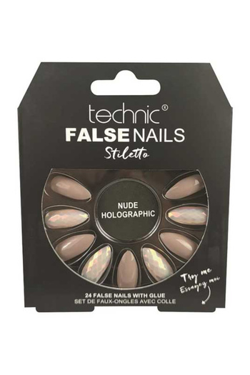 TECHNIC Set of 24 False Nails with glue included Technic False Nails, Stiletto, Nude Holographic