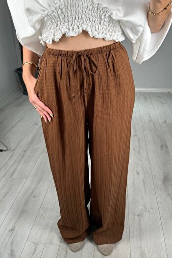 lady special Women's Seersucker Elastic Waist Palazzo Trousers