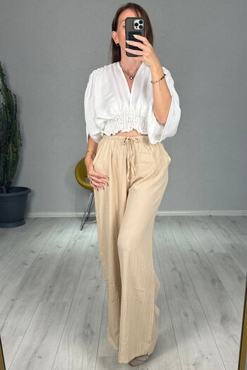 lady special Women's Seersucker Elastic Waist Palazzo Trousers