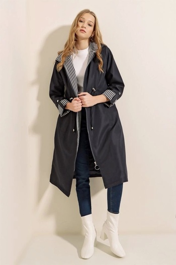 Silerra 9091 Gathered Waist Hooded Trench Coat - Navy Blue